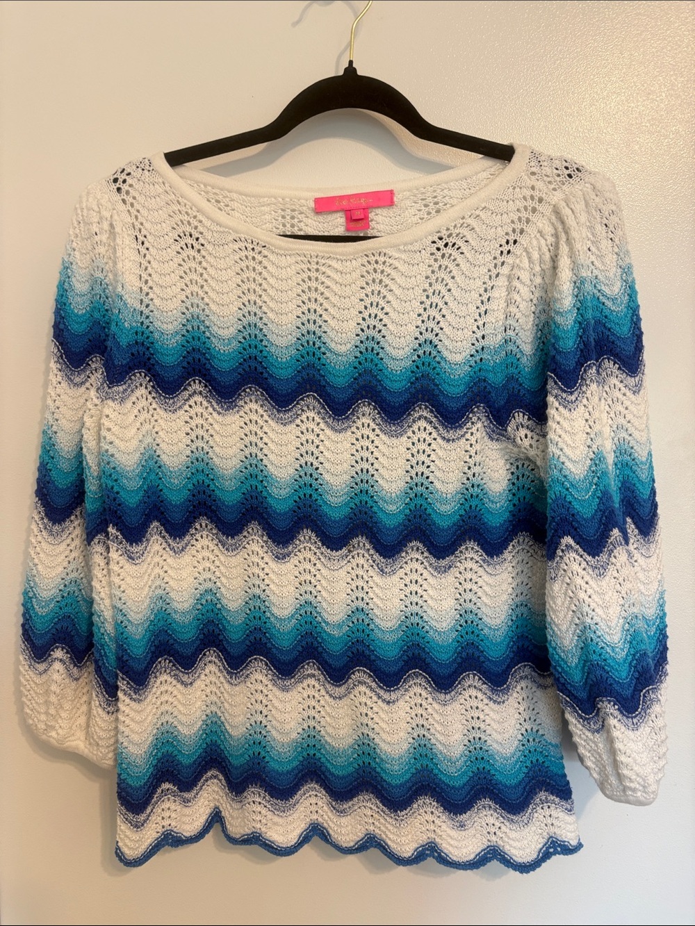 Lilly Pulitzer White Blue Gradient Crochet Scoop Neck Sweater